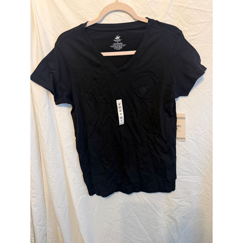Beverly Hills Polo Club Womens V-Neck T-Shirt Black Embroidered Logo Size M NWT